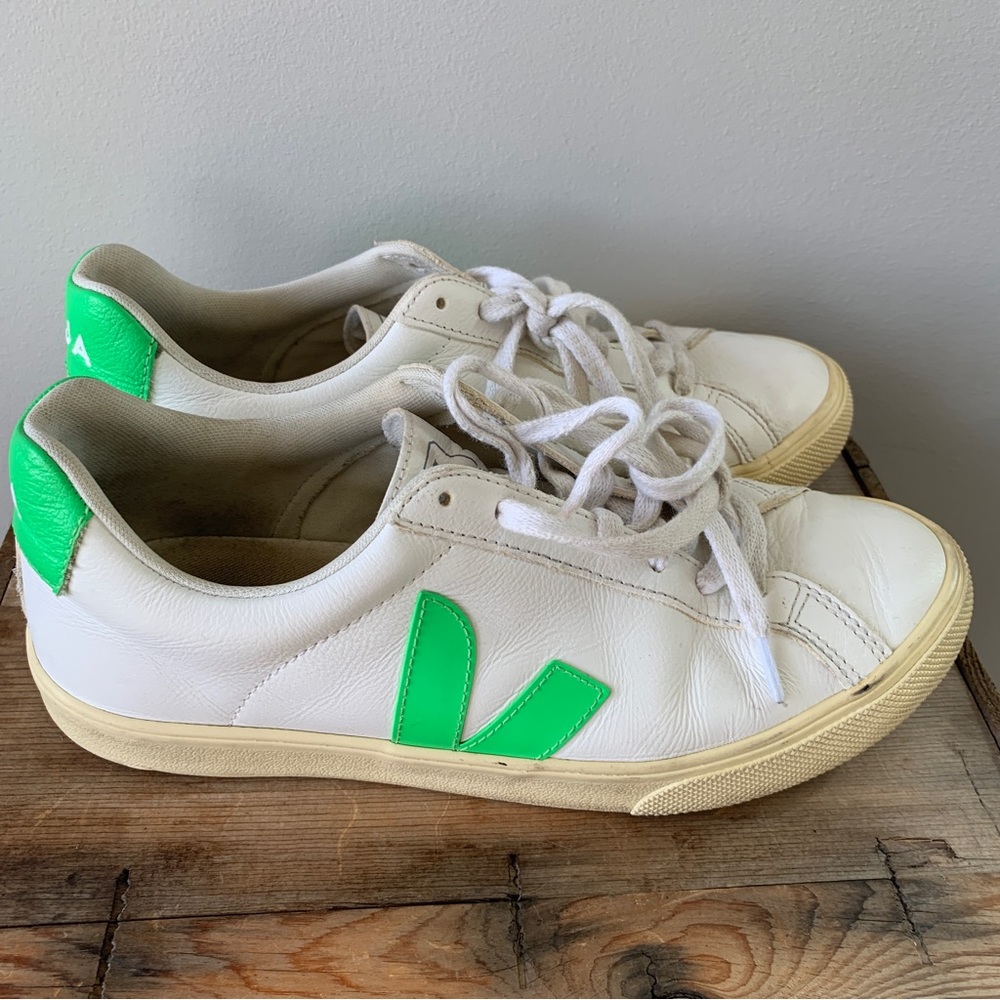 Veja White Sneakers with Bright Green V Logo